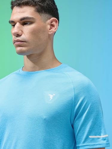 Image of TECHNOSPORT Men's Melange Slim Fit Round Neck T-Shirt Double Cool Raglan Sleeve Slip On Polyester for Gym Running Workout UPF50+ Anti Odour