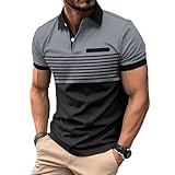 Mens Fashion Color Block Polo Shirts Casual Short Sleeve T Shirt Striped Moisture Wicking Golf Shirts Tops Gray