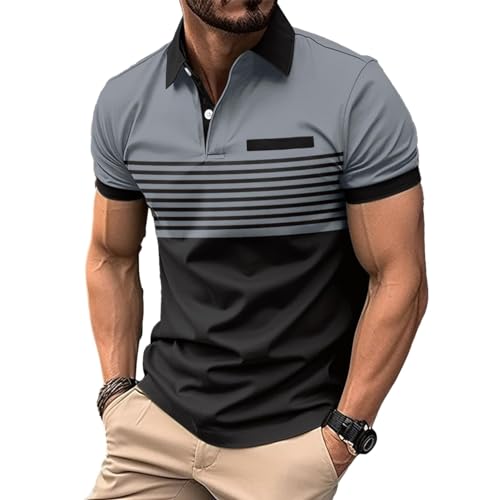 Mens Fashion Color Block Polo Shirts Casual Short Sleeve T Shirt Striped Moisture Wicking Golf Shirts Tops Gray