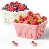 Ceramic Berry Basket Set of 2 - 5.7'W x 3'H Large Ceramic Berry Bowl Set - 1 Pink & 1 White Strawberry Basket - Holds Up To 1.5 lb of Strawberries - Refrigerator & Dishwasher Safe - Stackable