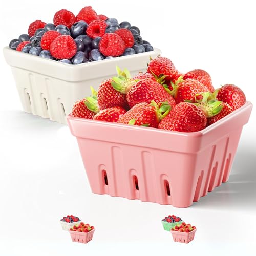 Hb Design Co. CBB-WHTPNK Ceramic Berry Basket Set Of 2-5.7"W X 3"H Large Ceramic Berry Bowl Set cover