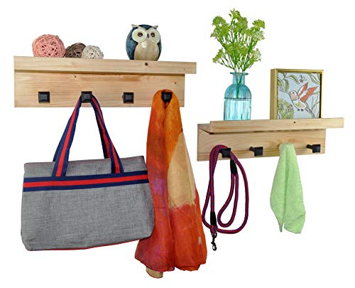 Spiretro Coat Rack With Shelf, Wall Floating Shelves With Peg Hooks, Organize, Storage, Decorative For Entryway, Mudroom, Kitchen, Bathroom, Set Of 2, Rustic Pine Wood Natural Beige #TOP3