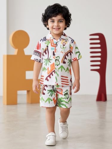 Image of AJ DEZINES Kids Cotton Shirt Shorts Half Sleeves Floral Printed CO-ORDS Set for Boys