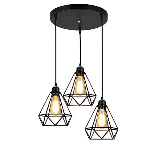 Mengjay Trade Plafoniera Lampadario, Vintage industriale lampada da soffitto, Lampada a Sospensione in metallo nero gabbia ferro Forma E27 Base per corridoio, portico, camera da letto(3 luci - 20 cm)