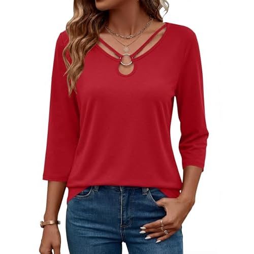 Rapbin 3/4 Length Sleeve Womens Tops Summer Cut Out Ring Keyhole Neck Dressy Casual Crew Neck Tee Shirts 2026 Red Large