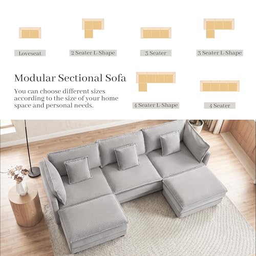 Image of Corduroy Sectional Couch, 3 Seater 113 inch U Shaped Cloud Couch with 2 Ottomans, Modular Deep Seat Sofa with Pillows for Living Room, Apartment, Lightgrey
