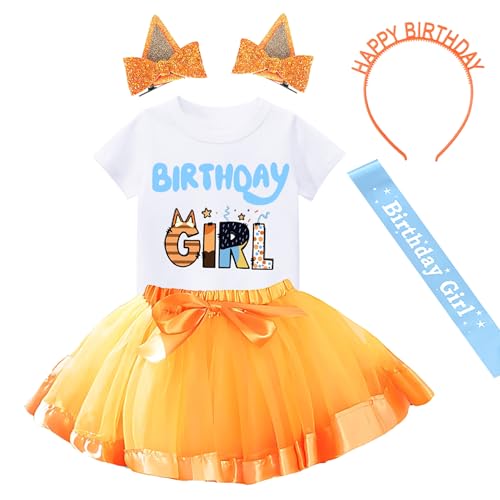 Hewtwerck Birthday Girls Outfit T-Shirt Tutu Skirt Sets with Blue Ears Hair Clips Headband and Satin Sash (Orange 2Years-3Years)