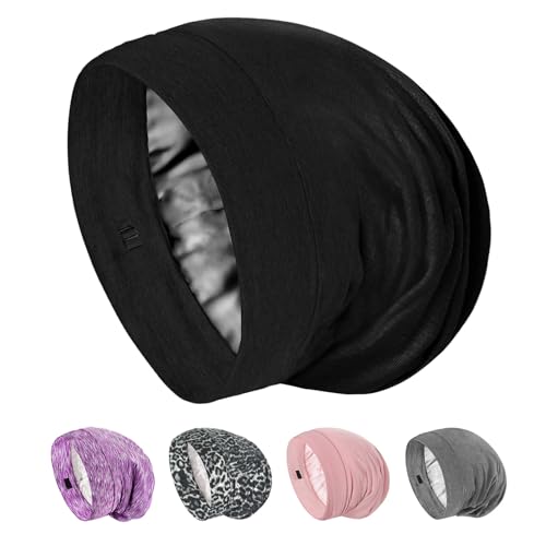 SOLZEK Mulberry Silk Bonnet for Sleeping Hair Wrap Men Women Curly Adjustable Night Cap for Natural Hair Anti Frizz Stay on 1Pcs (Black)