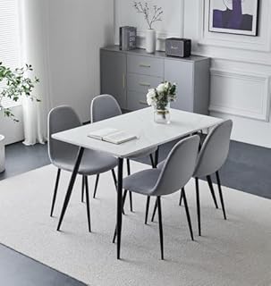Hallowood Furniture Cullompton Small Dining Table and Chairs Set 4, White Marble Effect Top Kitchen Table and Chairs in Grey Fabric Upholstery and Metal Legs, Dining Room Sets for Home, Office & Café