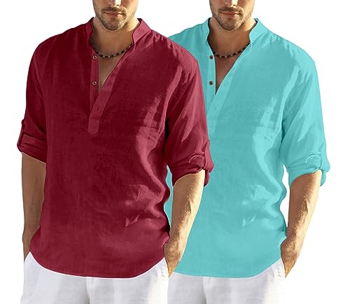 Image of FINIVO FASHION Men's Cotton Blend Solid Full Sleeve Combo Short Kurta Shirt, Regular Fit Solid Pattern Mandarin Collar Straight Kurta Shirt
