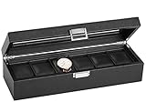 SWEETV Large Watch Organizer Men - 6 Watches Slots, Luxury Faux Leather Watch Boxes Jewelry Display Case Storage w/Glass Top, Lockable Metal Buckle, Black