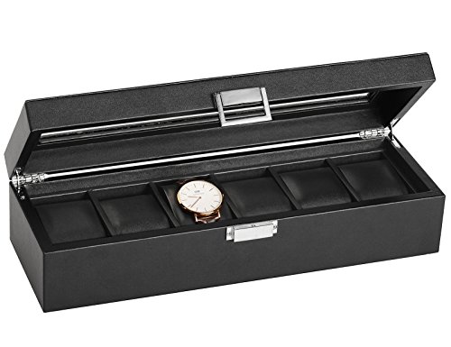 SWEETV Large Watch Organizer for Men - 6 Watches Slots, Luxury Faux Leather Watch Boxes Jewelry Display Case Storage w/Glass Top, Lockable Metal Buckle, Black
