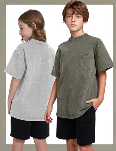 Image of COZYPOIN Unisex Kids Vintage Acid Wash Cotton Tees Crew Neck 3-16Y
