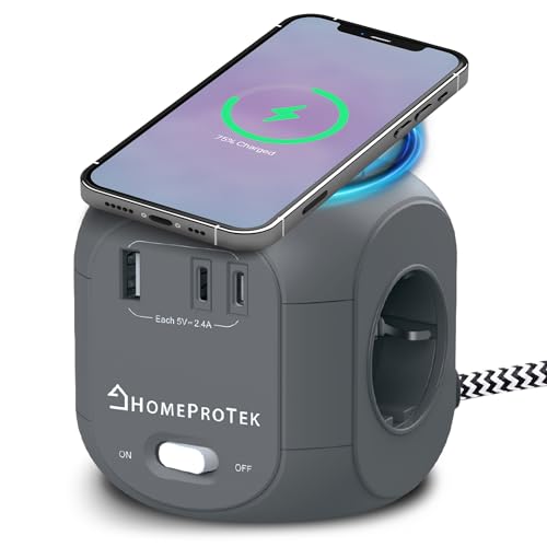 HOMEPROTEK Cubo Regleta USB   Regletas Enchufes con Cargador Inalámbrico   Ladron Enchufes con 3 AC, 2 Puertos USBC y 1 USBA   Enchufe Multiple Práctico y Compacto para Uso Diario   Gris