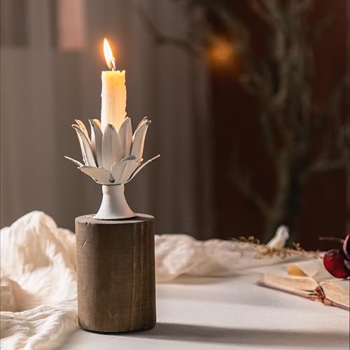 Vintage Floral Candelabra - Hand-Distressed Iron Flower Candle Holder with Solid Wood Base, Antique White Metal & Rustic Wood Taper Candle Stand for Home Decor (8x8x22cm)
