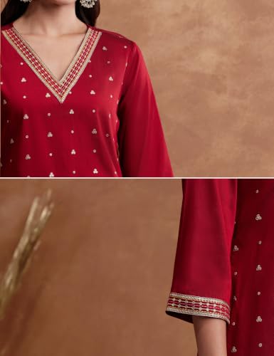 Image of Amazon Brand - Myx Women's Straight Kurta Set with Sharara Pant | Printed Dupatta | Sharara Suit Set with Dupatta (Available in Plus Sizes)
