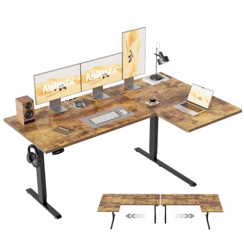 Image of Agilestic 59 Inch Reversible L Shaped Standing Desk, Electric Height Adjustable Desk with Memory Preset, Sit Stand Up Computer Workstation for Home Office, Splice Board, Rustic Brown