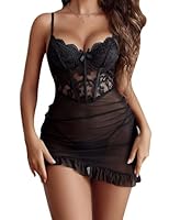 Avidlove Damen Sexy Body Elegant Kleid Spitze Dessous Set Reizwäsche Kurz Nachthemd Mesh Babydoll Push Up BH mit Bügel Plissiertes Kostüm Party Outfit mit String Schwarz XL