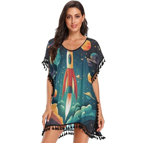 Space Art Star Rocket Women's Beach Cover Up Chiffon Tassel Swimwear Swimsuit Coverups for Girl