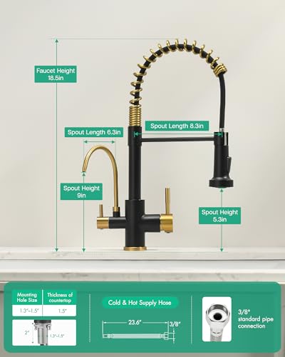 Image of GIMILI 3 in 1 Kitchen Faucet with Pull Down Sprayer Black and Gold Two Handle Kitchen Sink Faucet with Under Sink Water Filter System Reduces PFAS, PFOA /PFOS, Lead, Chlorine, Bad Taste & Odor