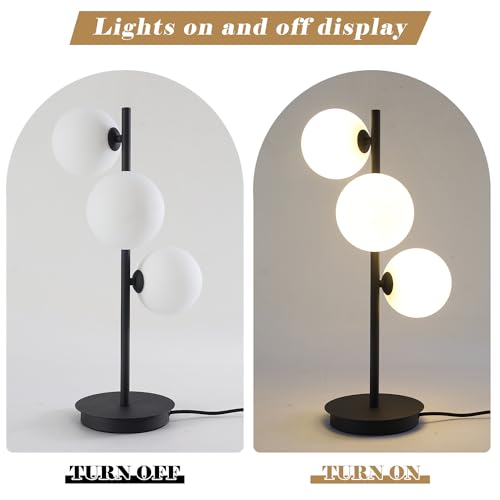 Image of Modern 3-Light Black Table Lamp with Milk Glass Globes, G9 | Matte black metal body, 3 milk glass globes, G9 sockets, modern accent lighting for nightstand, bedroom, study, living room
