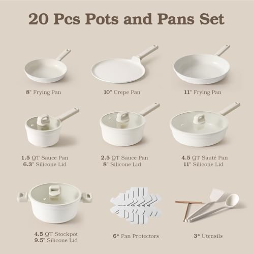 Image of SENSARTE Ceramic Pots and Pans Set Nonstick, 20Pcs Cookware Set, White
