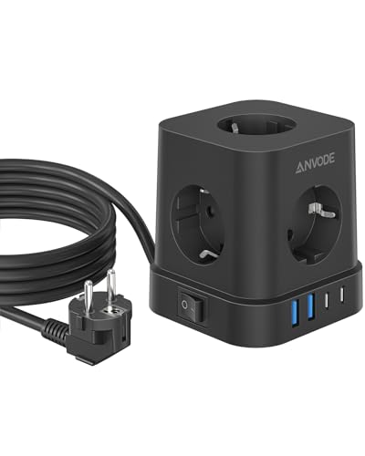 9 in 1 Steckdosenwürfel mit USB C 5 Fach Mehrfachstecker Steckdose mit Schalter Steckdosenleiste Überspannungsschutz mit 4 USB Verteilersteckdose 2M für Zuhause (Schwarz)