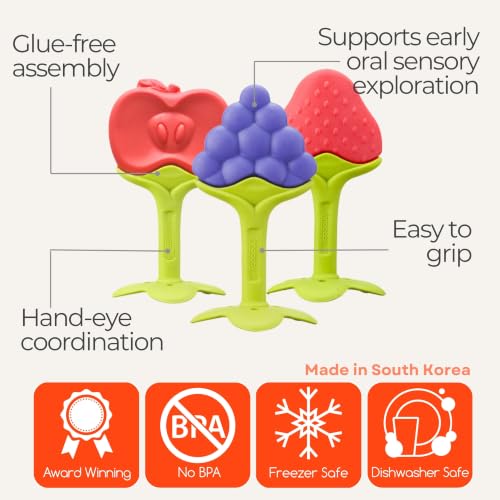 Image of Award Winning Original Teethin' Smart EZ Grip Fruit Teether by Innobaby - Sore Gum Relief for Front Teeth & Molars with BPA Free Teether Sensory Toy for Babies & Toddlers - Apple /Grape /Berry