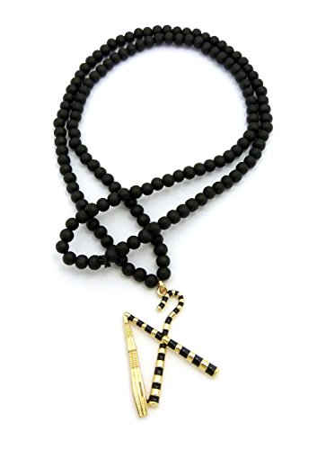Crescendo SJ INC New Crook & Flail Pendant &6mm/30 Wooden Bead Chain Hip HOP Necklace - RC2079GBK