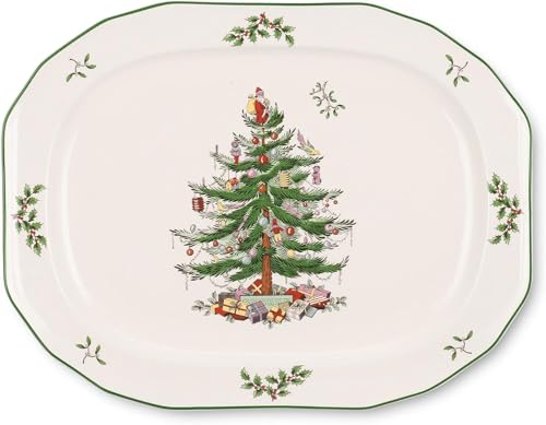 Spode Christmas Tree Sculpted Octagonal Platter, 14-Inch Holiday Serving Platter for Meats, Cheeses & Desserts, Dishwasher & Microwave Safe Christmas Dinnerware with Iconic Tree Design