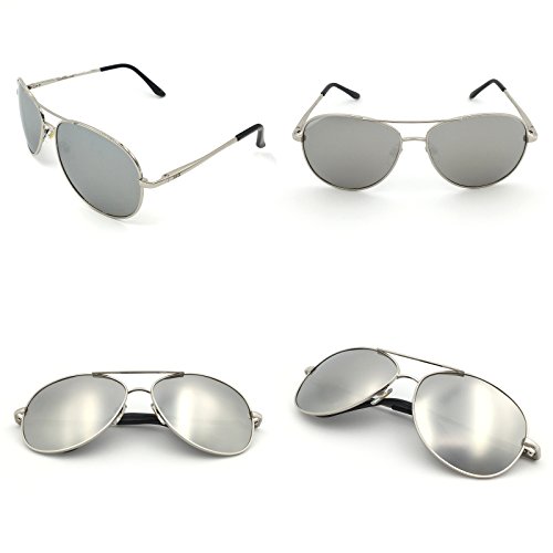 J+S Premium Military Style Classic Aviator Sunglasses, Polarized, 100% Uv Protection (Large Frame - Silver Frame/Silver Mirror Lens) #TOP3