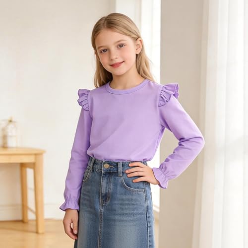 Image of LYSMuch 7-14Y Girls Ruffle Long Sleeve Shirt Kids Crewneck Basic Blouse Casual Tee