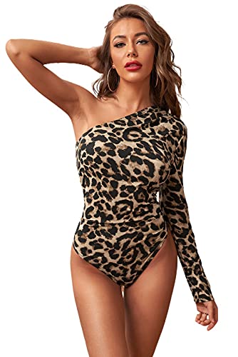 Youz One Shoulder Womens Leopard Print Bodysuit Top (Brown)