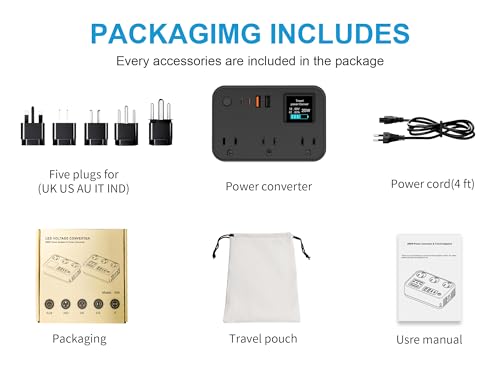 350W Converter Plug with 2 USB and 2 USB-C (20W PD) Fast Charging International Travel Converter for 220V to 110V for 100V-240V and Including US/EU/UK/India/South Africa Plugs (Black)4