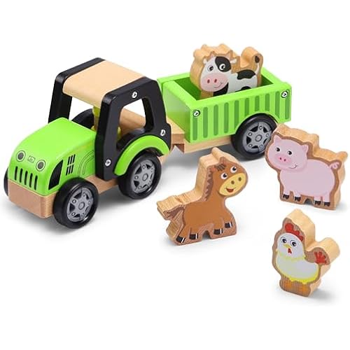 SainSmart Jr. Wooden Tractor Toys for Toddlers 1-3, Farm Tractor Toy with Detachable Trailer & 4 Animals | Solid Wood Construction, Hand Push Car Toys for 1 2 3 Year Old Boys Girls (Green)