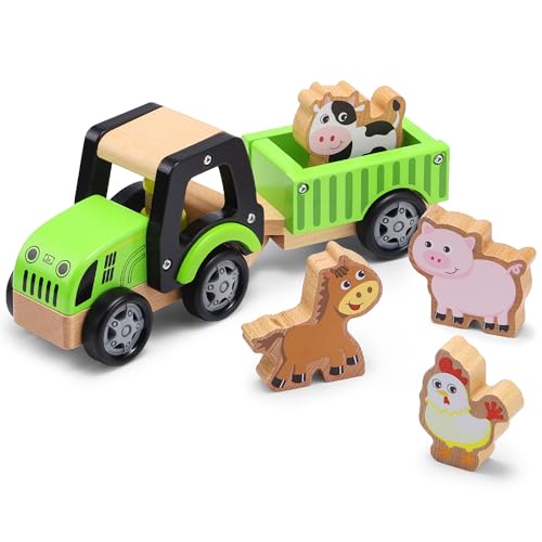 Wooden Tractor Toy with Trailer and Animals