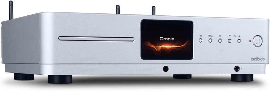 hadapan bersudut view of the Audiolab Omnia All-in-One Music System in silver.