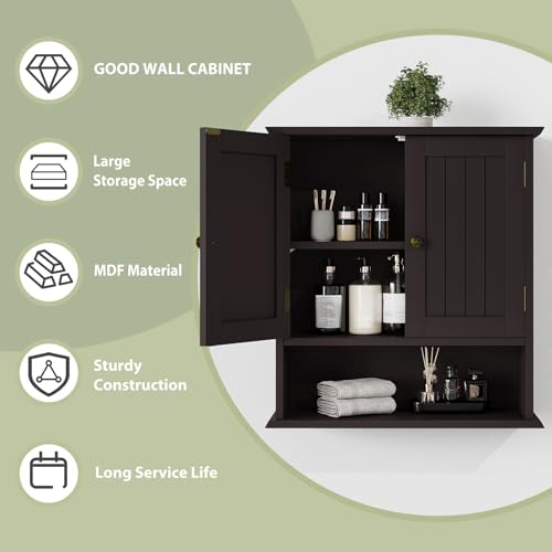 Image of Smuxee Brown Bathroom Cabinet Wall Mounted, Small Medicine Cabinet with 2 Door Adjustable Shelves, Wall Cabinet Over Toilet for Laundry Room Kitchen