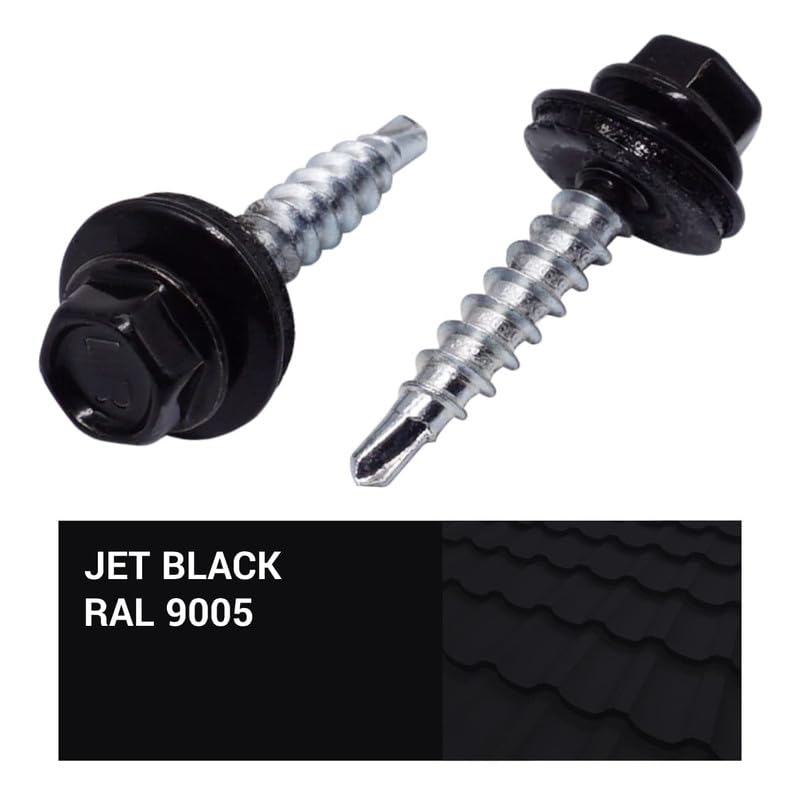 (Pack of 250 pcs) Metal Roofing Screws, 3/16 x 1-3/8 (4.8 x 35 mm) Painted Self-Drilling Screws with EPDM Washers, Sheet Metal Hex Screw, Jet Black RAL 9005