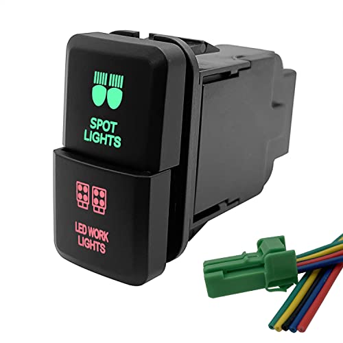 Image of Dual Push Button Switch SPOT Lights & LED Work Lights Red & Green Backlit ON Off Push Switch for Toyota FJ Cruiser 4Runner Tacoma Tundra 39mm X 21mm