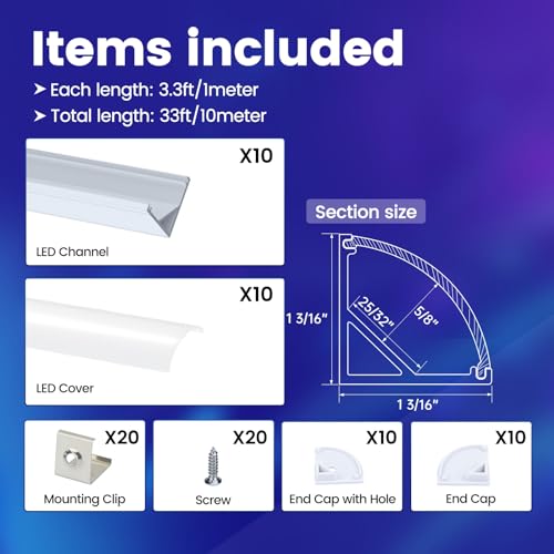 Muzata 10Pack 3.3FT/1M Plus-Size Spotless V Shape LED Channel Silver Aluminum LED Diffuser Channel with Milky White Cover V101 WW 1M by Muzata - Image 2