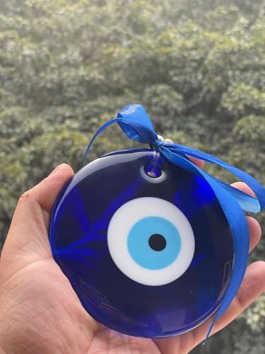 Image of Blue Beads Evil Eye Wall Hanging Amulet - Turkish Blue Nazar Protection Charm with Beads & Bow - Home Decor Talisman for Good Luck & Protection - Handmade Glass Ornament for Door, Office, Car or Gift