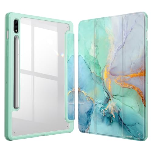 Fintie Hybrid Slim Case for Samsung Galaxy Tab S8/Tab S7 11 Inch (Model SM-X700/X706/T870/T875/T878) with S Pen Holder, Shockproof Cover with Clear Transparent Back Shell, Emerald Marble