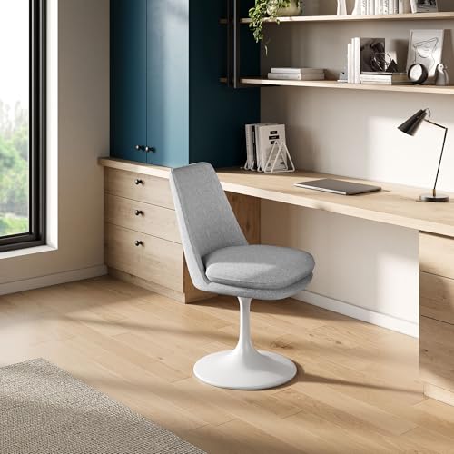 Modway Lippa Upholstered Swivel Dining Side Chair in White Light Gray - Armless Woven Heathered Fabric Accent Chair with Pedestal Base - 360° Office Desk Rotating Chair with No Wheels by Modway - Used condition - Image 4