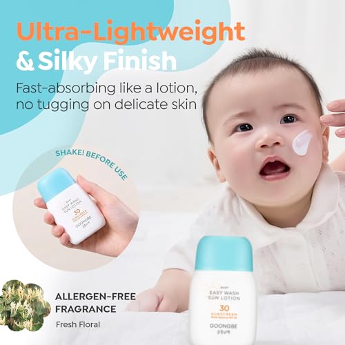 Image of GOONGBE Baby Easy Wash Sun Lotion SPF 30 - Korean Moisturizing Zinc Oxide Mineral Sunscreen for Babies and Kids - Washes Off Easily - Vegan, Reef-Safe, Allergen-Free, 2.11 fl.oz.