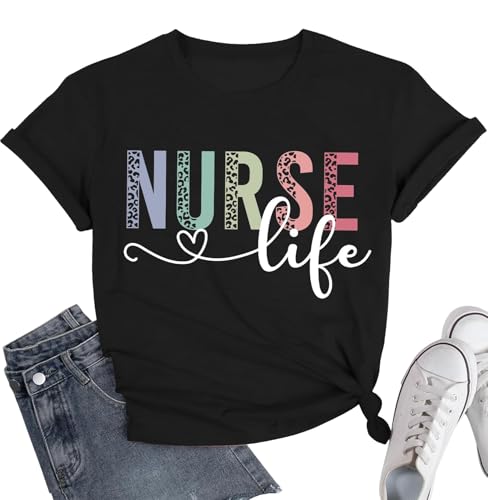 Image of Women Nurse Shirts Nursing Life Letter Short Sleeve Register Nurses Inspirational Tee