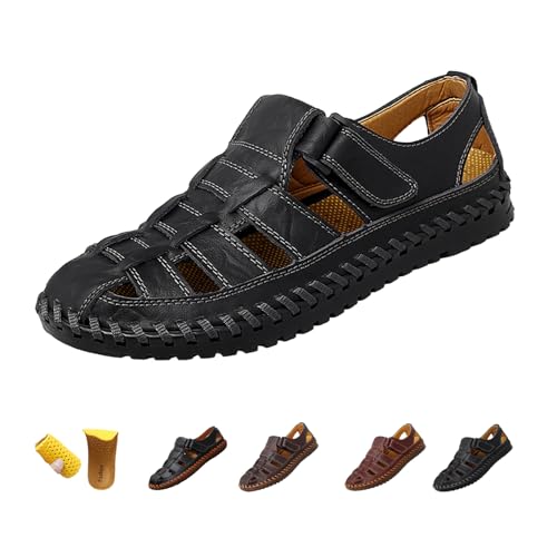 Men's Closed Toe Fisherman Leather Sandals,Italian Hand-Stitching Comfy Breathe Memory