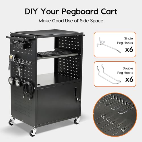 AV Cart with Wheels & Power Strip, Lockable Steel Computer Cart with Cabinet & Pull-Out Keyboard Tray, Projector Media Cart with Pegboard & Hooks for School Office Classroom