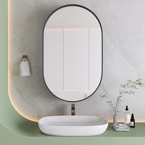 Liuyoyo Armadietto per ghiaccio ovale da incasso, da parete con telaio in metallo, specchio e ripiani regolabili, con contenitore per il bagno (ovale nero)