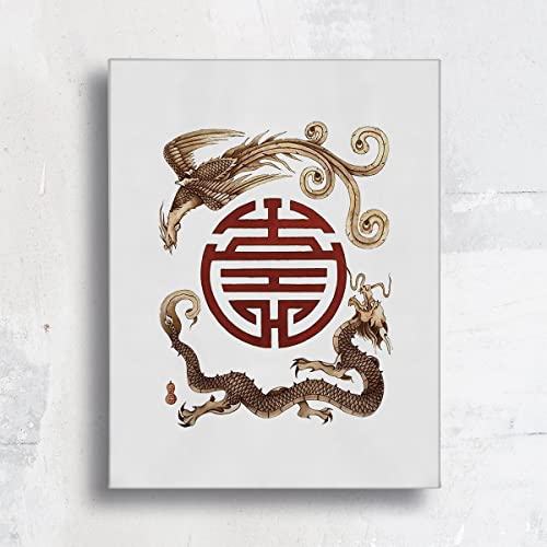Asian Traditional Chinese Phoenix And Dragon Double Happiness Canvas Wall Art Prints Artwork Signs Framed For Chinese Home Bedroom Living Room Office Porch Decor, 11X14 Inch,Wedding Gift(737) #TOP24